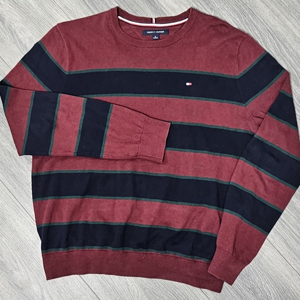 Tommy Hilfiger Men’s Sweater M Red Navy Stripe Crewneck 100% Cotton Pullover